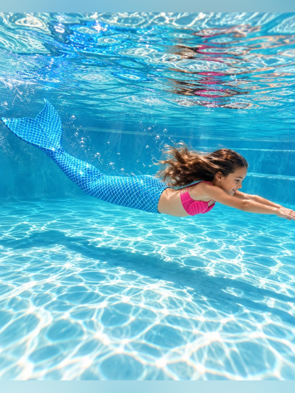 Girls Mermaid Costume Set Blue Scale Tail + Pink Shell Top Size 9/10